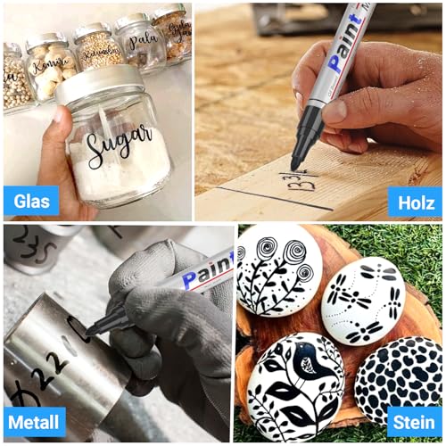 SAKEYR 4er Pack Schwarze Lackstifte Permanent Marker – Wasserdicht Schnelltrocknend – Für Auto, Kunststoff Türkratzer, Gartenmöbel, Metall Holz Glas– Anti-Tropf Strapazierfähige Spitze