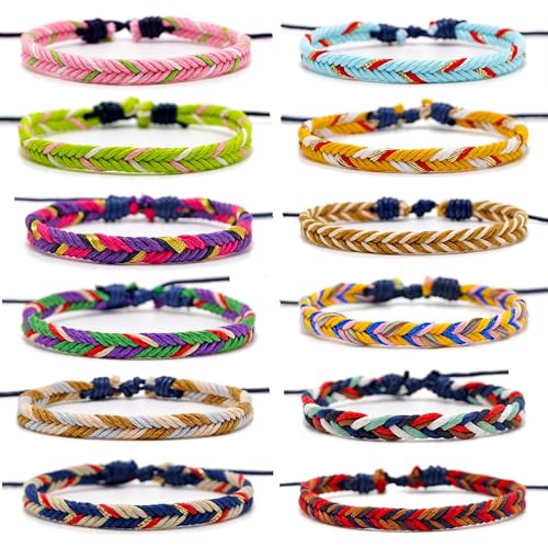 12 PCS Friendship Bracelet Hand-Woven Cotton and Linen Bracelet Adjustable Size 6-11 Inches Unisex