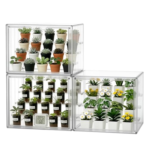 HBlife Mini Greenhouse for Indoor, Clear Stackable Green House with Magnetic Door & Adjustable Drainage Dividers, Tabletop Portable Greenhouse for Small Plants Nursery Germination and Display, 3 Pack