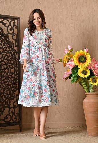 Image of LIBOZA 100% Cotton Floral Print Tiered Midi Dress, Bell Sleeves, Lace Trim Detail, White and Multicolour for Women, Office, Party, All Occassions