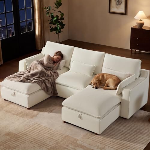 Image of WorthFurni Modern Modular Sectional Sofa,103 inch U Shape Minimalist Couch with Storage Ottoman,Comfty 4 Seat Sofa for Living Room,Beige Chenille