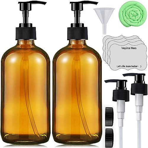 Amber Glass Soap Dispenser 16 Oz - Empty Bottles Set with Black Pumps & Lids & Lables for Refillable Shampoo Conditioner Bathroom Shower Wash Hand Body Lotion Soap Dish Kitchen Container Brown