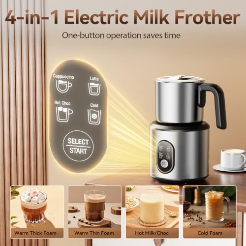 Image of Milk Frother and Steamer, Electric Frother | 4-in-1 Automatic Hot and Cold Foam Maker , Detachable Stainless Steel Jug for Latte, Cappuccino, Macchiato, Hot Chocolate