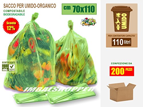 Sacchi per Raccolta del Rifiuto Umido-Organico cm 70x110 (110 litri) Scatola da N.° 200 pezzi - Biodegradabili Compostabili