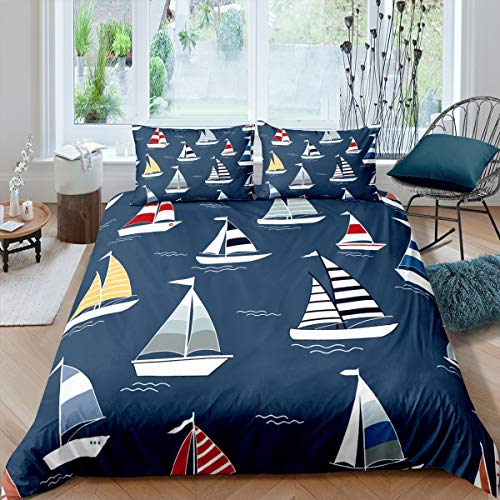 Sailboat Print Bedding Set for Kids Boys Girls Teens Ocean Wave Nautical Theme Adventure Navy Blue Comforter Cover Luxury Microfiber Bedclothes Decor 3Pcs Duvet Cover With 1Pillowcase Single