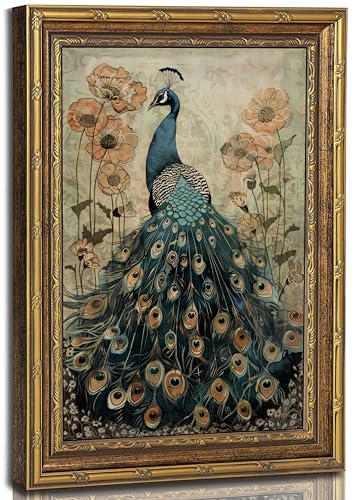 VASORASUE Vintage Golden Framed Peacock & Poppy Canvas Wall Art Bird Floral Decor for Bedroom Living Room-12x16 inch