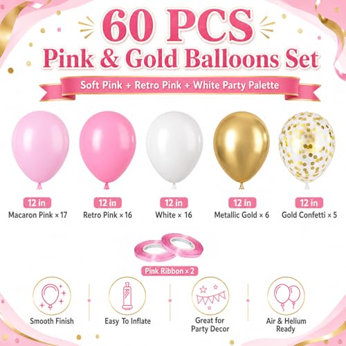 Image of Pink and Gold Balloons 60PCS Pink White and Gold Balloon Set, 12 Inch Metallic Golden Confetti Latex Balloons for Women Girls Birthday Baby Shower Bridal Shower Wedding Princess Party Decor