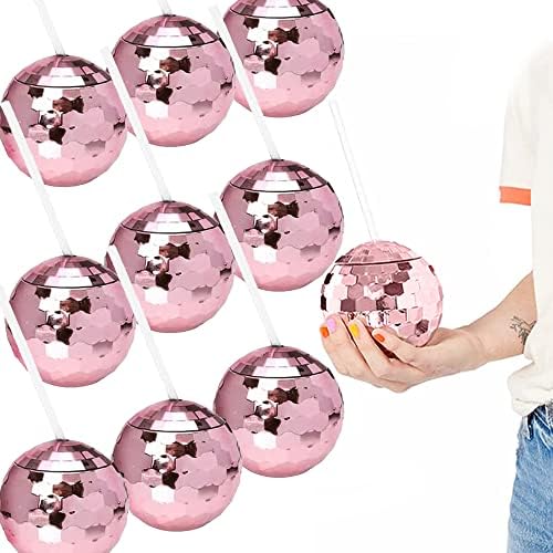 ANTQUE 9 PCS Disco Ball Cup with Straws, Tumbler Disco Flash Ball, Cocktail Cup Silver Spherical Cup with Lid and Straw Wine Glass Drinking Syrup Tea Bottle for Nightclub Bar Party (Rose Gold)