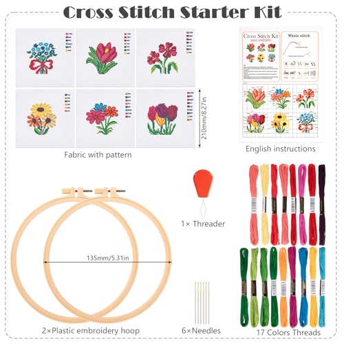 JSRQT 6 Sets Blumen Kreuzstich Starterset Anfänger, Kunst Näh Stickset für Erwachsene Kinder, Nadelspitzen Stickset Handgemachtes Stickerei Set mit 2 Stickrahmen für Bastelliebhaber Stickereibedarf