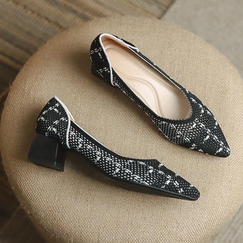 SWDZM Chunky Heels for Women Knit Ballet Shoes Pointed Toe Low Heel Mesh Comfortable Block Pumps Dress Shoes3