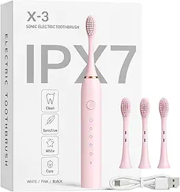 Escova de Dente Elétrica Recarregável USB Escova Dental Ultrassônica IPX7 6 Modos de Escovação Escova de Dentes Elétrica Portátil Com 3 Cabeças Substituíveis À Prova D’água (Rosa)