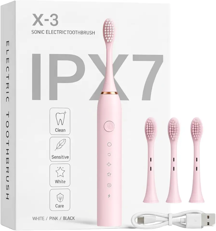 Escova de Dente Elétrica Recarregável USB Escova Dental Ultrassônica IPX7 6 Modos de Escovação Escova de Dentes Elétrica Portátil Com 3 Cabeças Substituíveis À Prova D’água (Rosa)