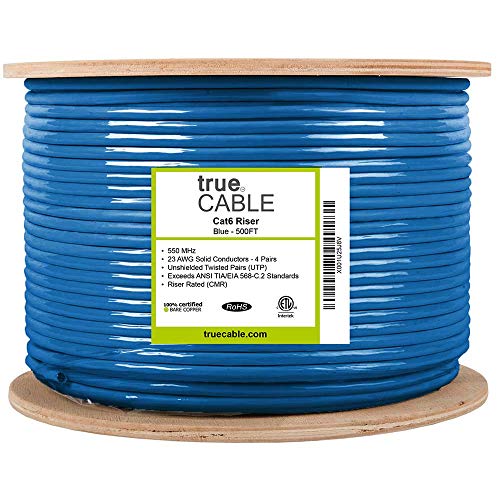 Truecable Cat6 Riser (Cmr), 500Ft, Blue, 23Awg 4 Pair Solid Bare Copper, 550Mhz, Poe++ (4Ppoe), Etl Listed, Unshielded Twisted Pair (Utp), Bulk Ethernet Cable #TOP3