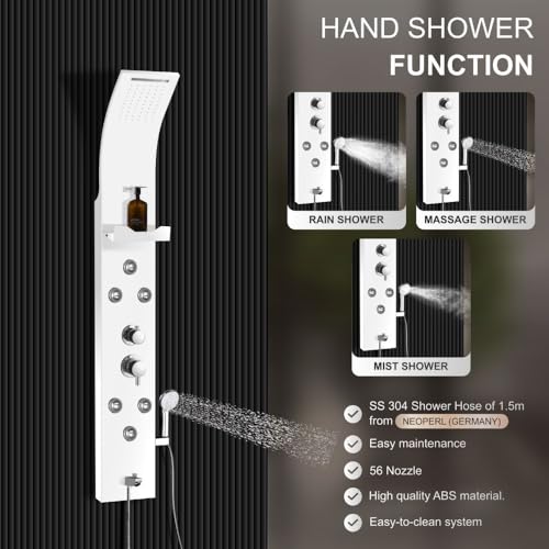 Image of Jaaz Hydra Aluminum Shower Panel for Bathroom Full Set with Rain & Waterfall Overhead Shower, 6-Body Jets, 5-Function Mixer & Diverter, Shampoo Rack, Hand Shower & Tub Spout (1, White)