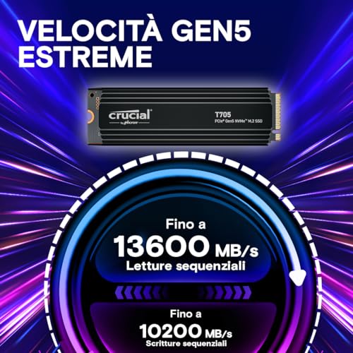T705 SSD 1TB PCIe Gen5 NVMe M.2 con Dissipatore Premium, Fino a 13.600MB/s, Microsoft DirectStorage, Retrocompatibilità PCIe 4.0 - CT1000T705SSD5 - Hdd - Immagine 1