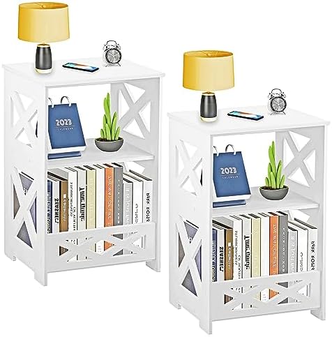 BYFU 3-Tier Side Table Set of 2, Small End Table with Storage Shelf, White Nightstand Bedside Table Bookshelf Bookcase Display Rack for Small Spaces Bedroom Bathroom Living Room Office