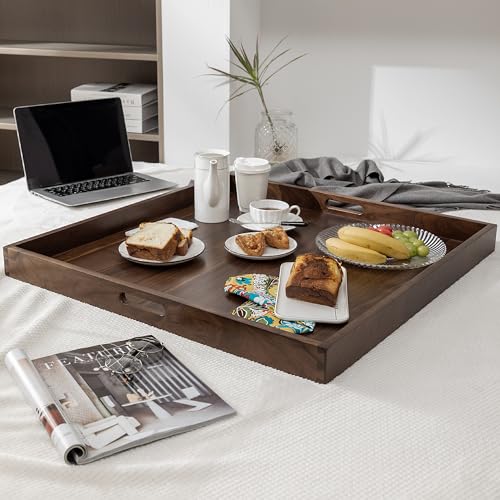 KINGCRAFT 30 x 30 inches Extra Large Square Ottoman Table Tray Wooden Solid Serving Tray with Handle Black Walnut Platter Decorative Tray for Oversized Ottoman Home Breakfast in Bed Tea Coffee