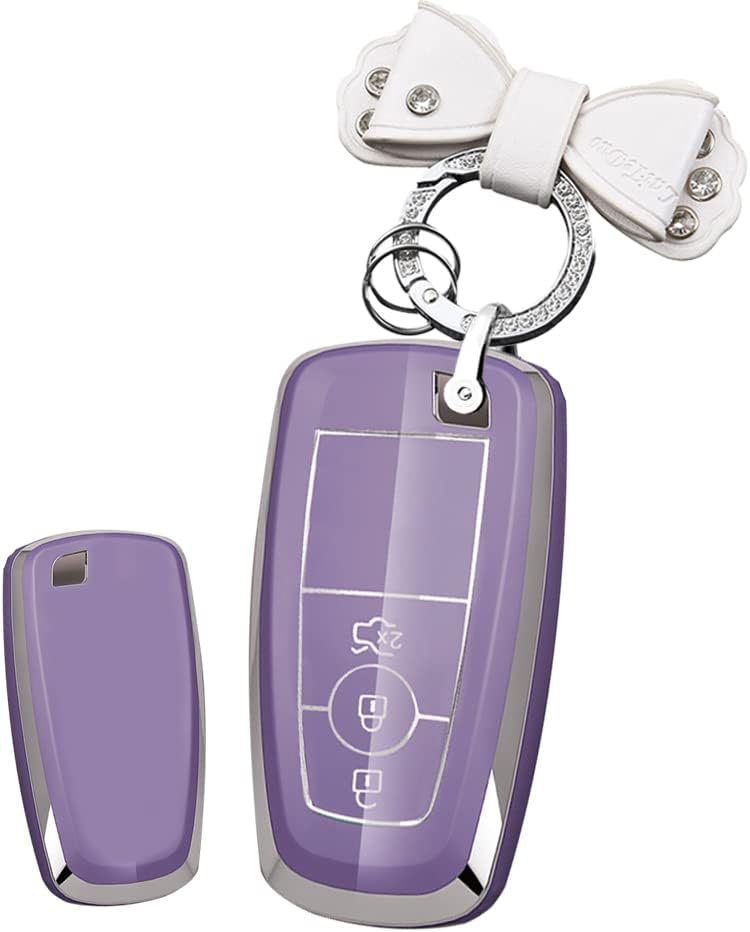 3 Button Key Fob Cover for Ford Explorer Fusion Escape Edge Expedition F150 F250 F350 F450 F550 TPU Key Case Car Accessories with Keychains-Bow Key Chain(Purple)