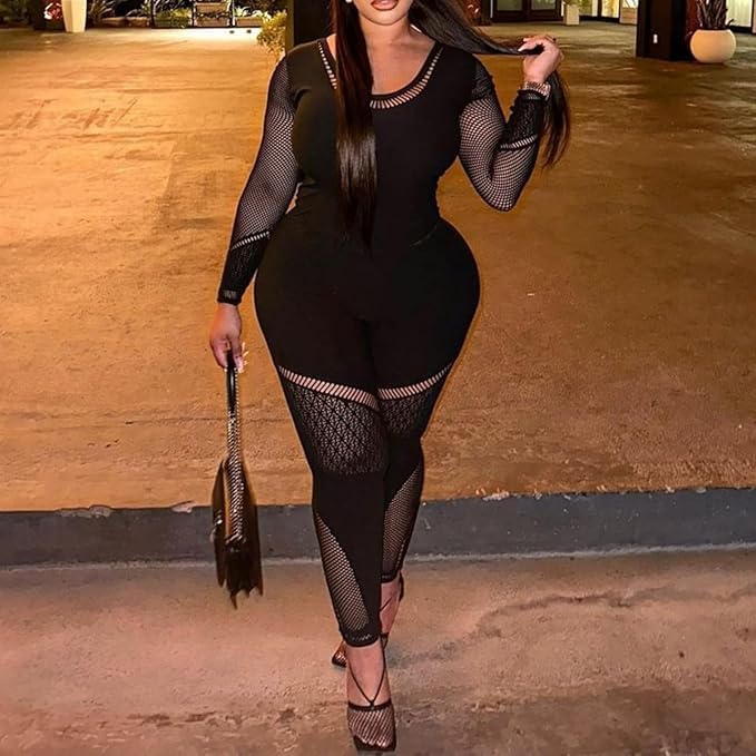 women's sexy mesh one piece jumpsuit high stretch rave long sleeves clubwear bodysuit party night outfits large-x-large black