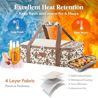 Lifewit Insulated Single Decker Casserole Carrier for Hot or Cold Food, Lasagna Lugger Holder Fits 9" x 13" Baking Dish, Thermal Lunch Tote Bag for Potluck Parties, Picnic and Cookouts, Cream