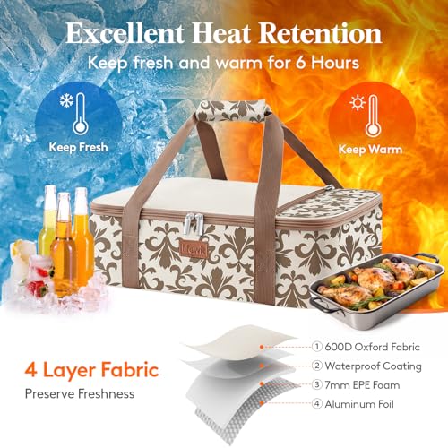 Lifewit Insulated Single Decker Casserole Carrier for Hot or Cold Food, Lasagna Lugger Holder Fits 9" x 13" Baking Dish, Thermal Lunch Tote Bag for Potluck Parties, Picnic and Cookouts, Cream