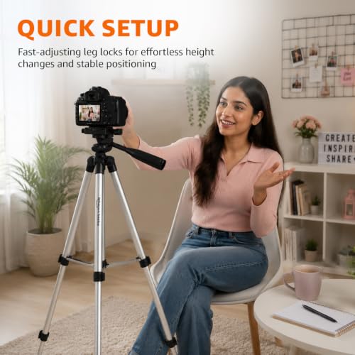 Image of Amazon Basics 55 Inch Aluminum Tripod Stand, Lightweight Adjustable with Phone Holder, 3-Way Pan Head, Bubble Level, Carry Bag, Compatible with Smartphones, GoPro, DSLR Cameras (5kg Load Capacity)