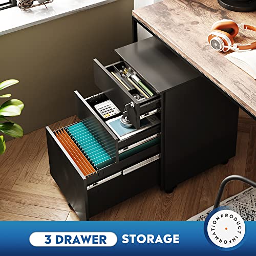 Image of DEVAISE 3 Drawer Locking File Cabinet, Under Desk Metal Filing Cabinet for Legal /Letter /A4 File, Fully Assembled Except Wheels, Black