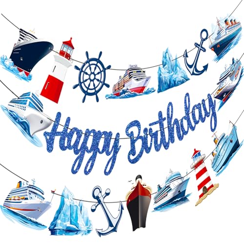 Nautical Birthday Party Supplies Cruise Ship Birthday Banner 3PCS Ocean Ship Party Decorations Anchor Nautical Sailor Lighthouse Cutout Banner for Sailing Theme Baby Shower Favors