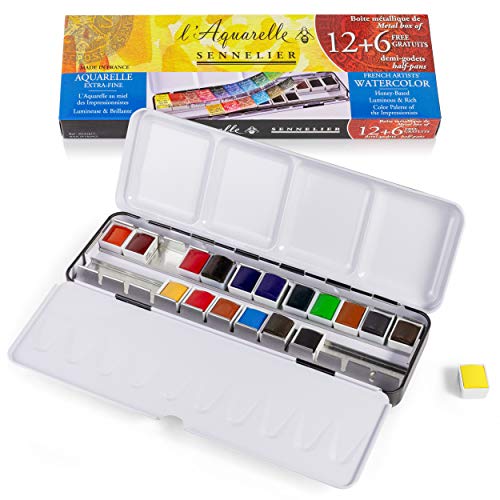 SENNELIER L'Aquarelle French Watercolor Paint, Metal Set of 18 Half