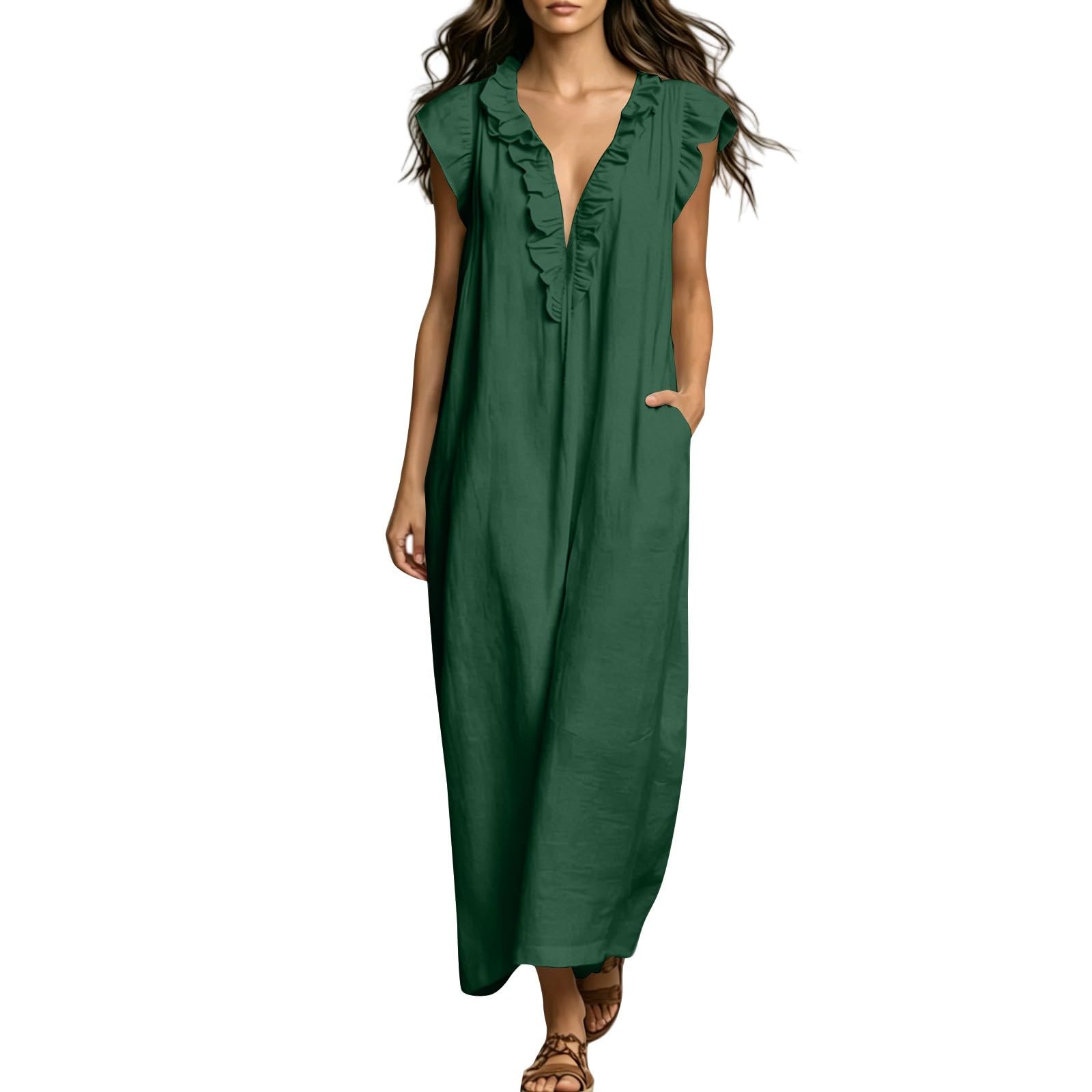 Maxi abito da donna, elegante, maxi abito estivo, a tunica, linea ad A, abito estivo leggero e arioso, comodo abito da spiaggia, tinta unita, a mezze maniche