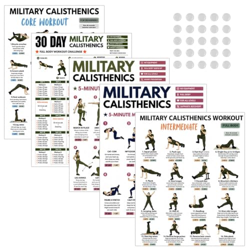 5 PACK Military Calisthenics Posters, Bodyweight Workout Wall Charts