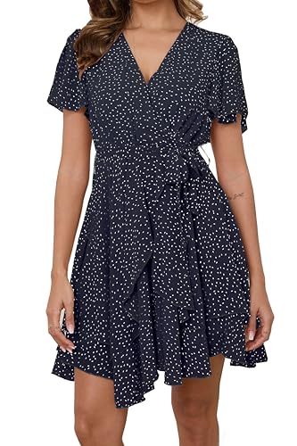 Jiraewh Damen Chiffon Kurz Kleid V-Ausschnitt Kurzarm Sommerkleid Polka-Punkte Elegant Rüschen Minikleid Casual Swing Skater Kleid Hohe Taille...