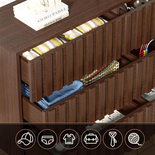 UEV Walnut Dresser, Mid Century Modern Fluted 6 Drawer Dresser,Brown Chest of Drawers with Metal Stand for Bedroom,Living Room,Hallway (Dark Brown)