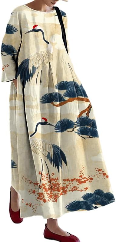 MARSVOVO Vintage Dress for Women Graceful Print Oversized Summer Baggy Flowy A-Line Dress Long Sleeve Dress for Women