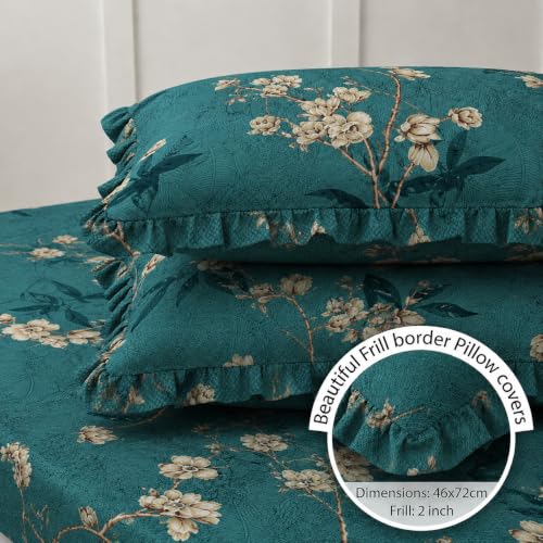 Image of Vram Premium Heavy Cotton Flat Bedsheets with 2 King Size Frill Pillow Covers | Double Bed 350 TC | 90 x 100 Inch King Size Flat | :- Green Flower