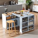 KISLOT Rolling Kitchen Island with Extendable Table Set of 2, LED Lights Power Outlets 2 Fluted Glass Doors 3 Open Shelves and Lockable Wheels Mobile Kitchen Storage Cabinet Kitchen Cart