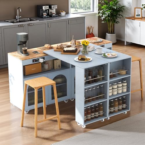 KISLOT Rolling Kitchen Island with Extendable Table Set of 2, LED Lights Power Outlets 2 Fluted Glass Doors 3 Open Shelves and Lockable Wheels Mobile Kitchen Storage Cabinet Kitchen Cart