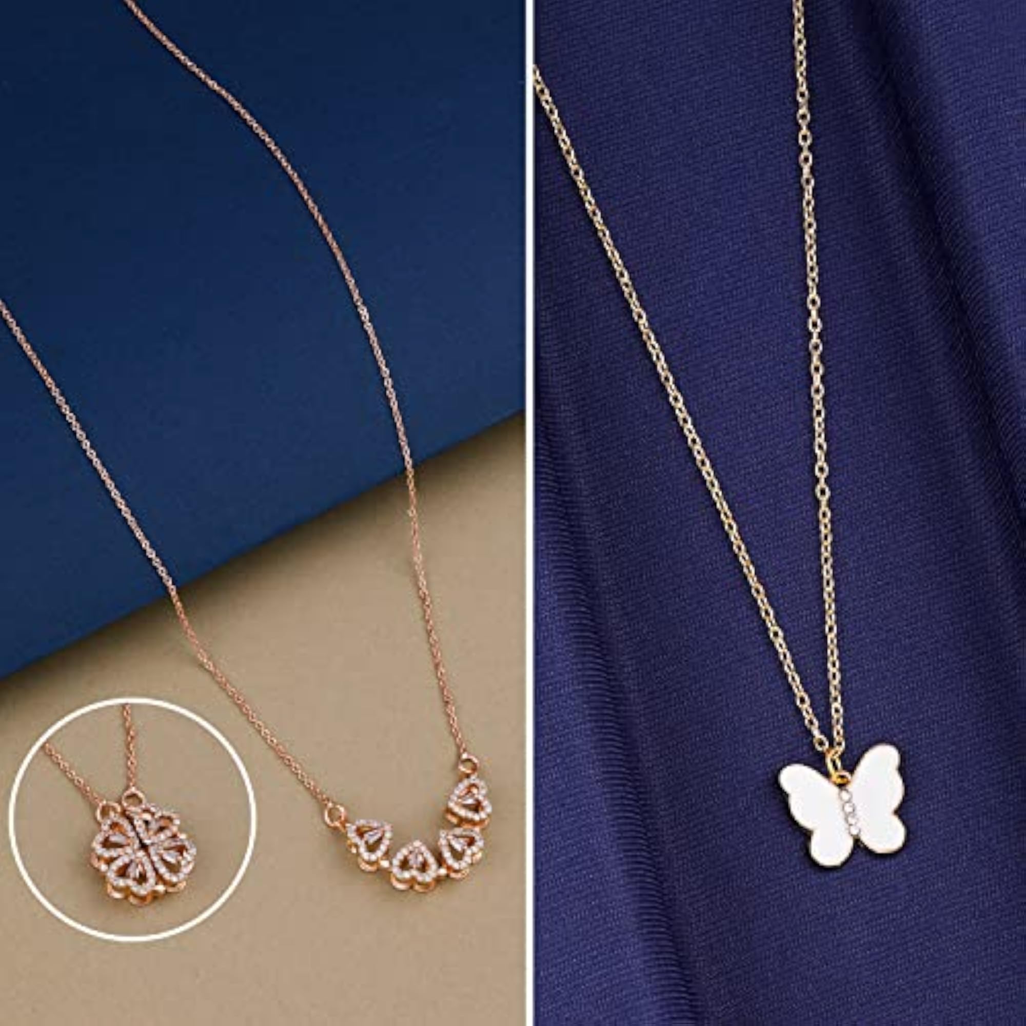 Gold Plated Butterfly Pendant Chain with Clover Hearts