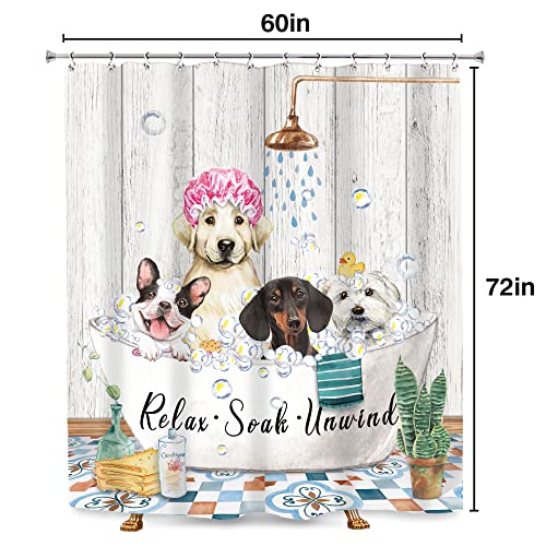 Svbright Funny Dog Shower Curtain 60Wx72L Inch Farmhouse Vintage Cute Animals Puppy Shower Wooden Plank Bubbles Rustic 12 Pack Hooks Polyester Waterproof Fabric Bathroom Bathtub Panels #TOP3