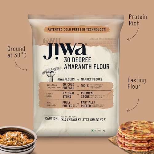 Image of Jiwa 30 Degree Amaranth Flour | Patented Cold Pressed Flour | Slow Ground | Puffed Soft Rotis | Rajgira Atta | Millet Flour | Upwas, Farali, Vrat Atta | 1 kg (Pack of 3)