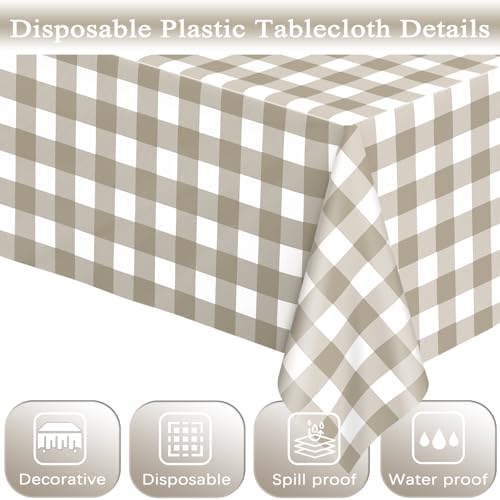 Image of WNINK 3 Pack Brown Checkered Rectangular Plastic Tablecloths, Brown and White Gingham Waterproof Disposable Table Covers 54 inch x 108 inch for Birthday, Baby Shower, Wedding, Outdoor Picnic Parties
