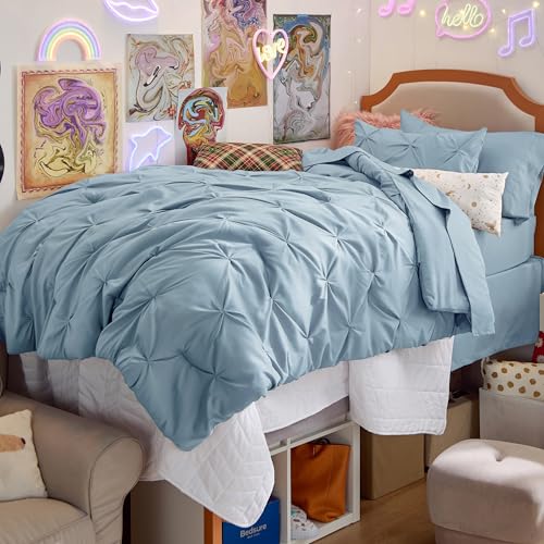 Image of Bedsure Twin Comforter Set Light Blue - Bed in a Bag Twin Size Bedding 5 Pieces, GentleSoft Pintuck Bed Set Gift for Family, All Season Down Alternative Comforter with Sheets, Pillowcase & Sham