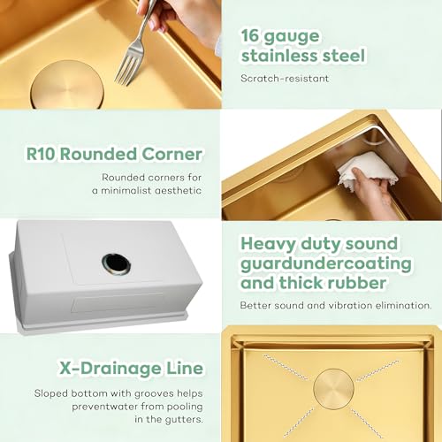 Image of Gold Undermount Kitchen Sink 23 x 18 Inch, 16 Gauge T304 Stainless Steel Workstation Sink with Ledge & Accessories