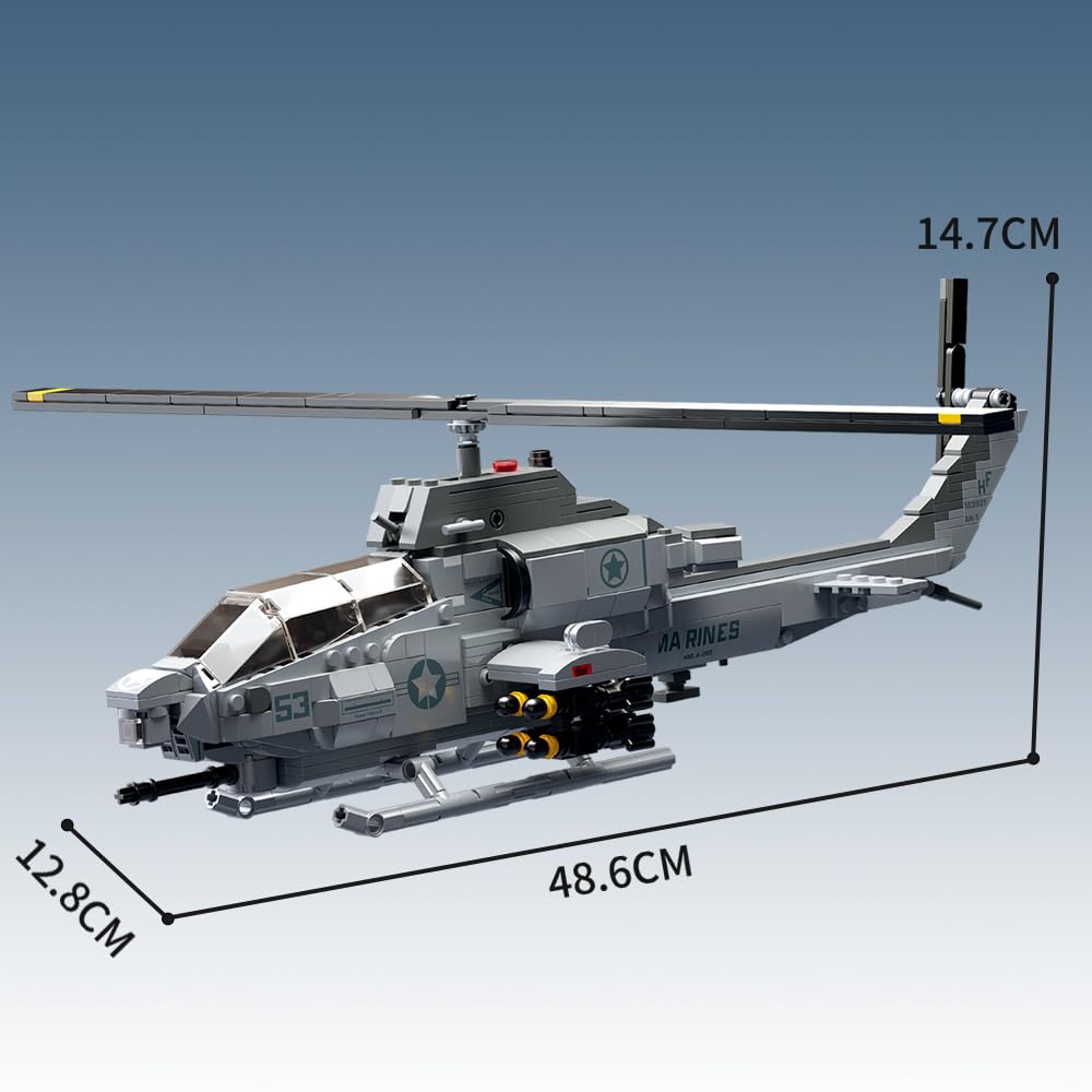 MISINI M8024 AH-1W Super Cobra Bewaffneter Hubschrauber Bausteine Set, 958 Stück Militär Medium 1:35 Hubschrauber Bausatz, Geschenke und Sammlungen für Flugzeugmodelle für Militärische Enthusiasten