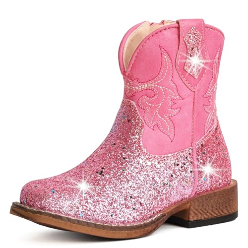IUV KIDS Girls Cowgirl Boots Toddler Boys Cowboy Boots for Kids Square Toe Glitter Mid Calf Riding Western Boot