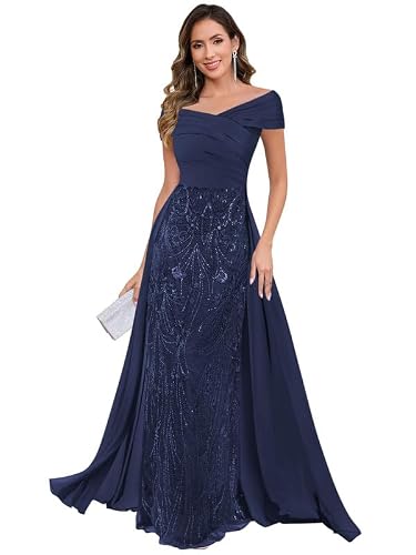 Agvwry Mother of The Groom Dresses for Women Floor Length Off Shoulder Evening Dress Chiffon Elegant Formal Gown Navy Blue US10