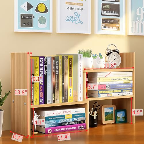Image of Desktop Shelf Organizer, Adjustable Wood Office Storage Rack, Counter Display Small Bookshelf for Home /Office /School(Light Walnut)