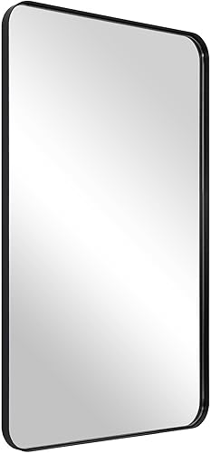 ANDY STAR Espejo de tocador de baño negro mate, espejo rectangular redondeado bien hecho para baño, 24 x 40 pulgadas, elegante espejo de pared con