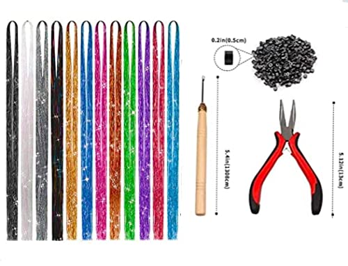 Zealibrate:12 Colours 2400 Strands Glitter Hair Tinsel Extensions, Sparkling Shiny Tinsel Hair Extensions with Silicon Beads, Crochet and Tweezer, 47 Inches Colourful Hair Tinsel Kit.