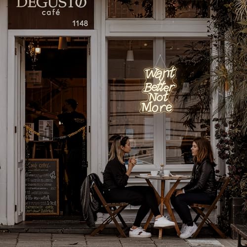 Image of Want Better Not More Neon Signs for Wall Decor Gym Neon Light Up Fitness Club Bar Party Exercise Light Sign in Home Gym Warm White Letters LED Art Gifts for Teens and Adult